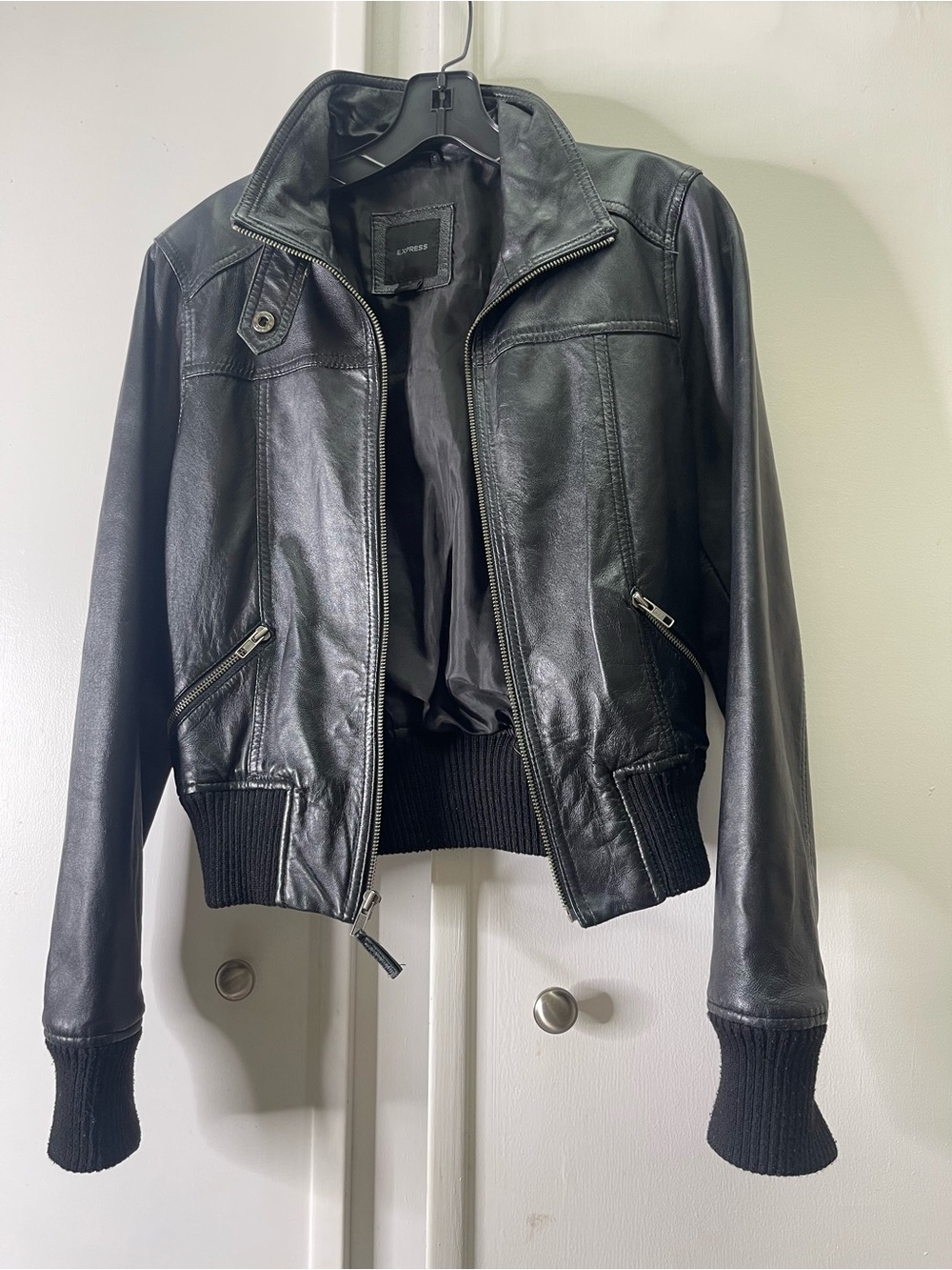 Vintage EXPRESS Bomber Genuine Leather Biker Black Motorcycle Jacket S unisex
